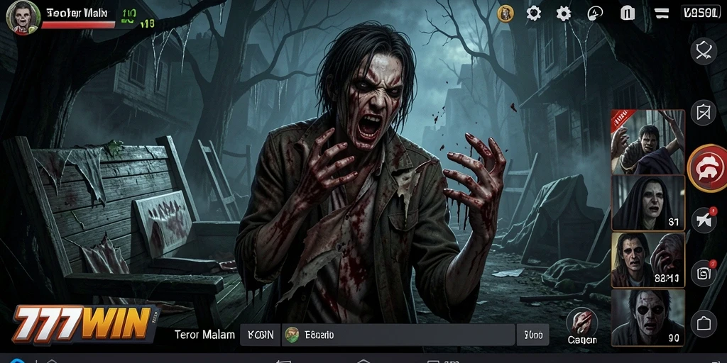Screenshot menakutkan dari gameplay 777WIN dengan suasana horor yang mencekam.