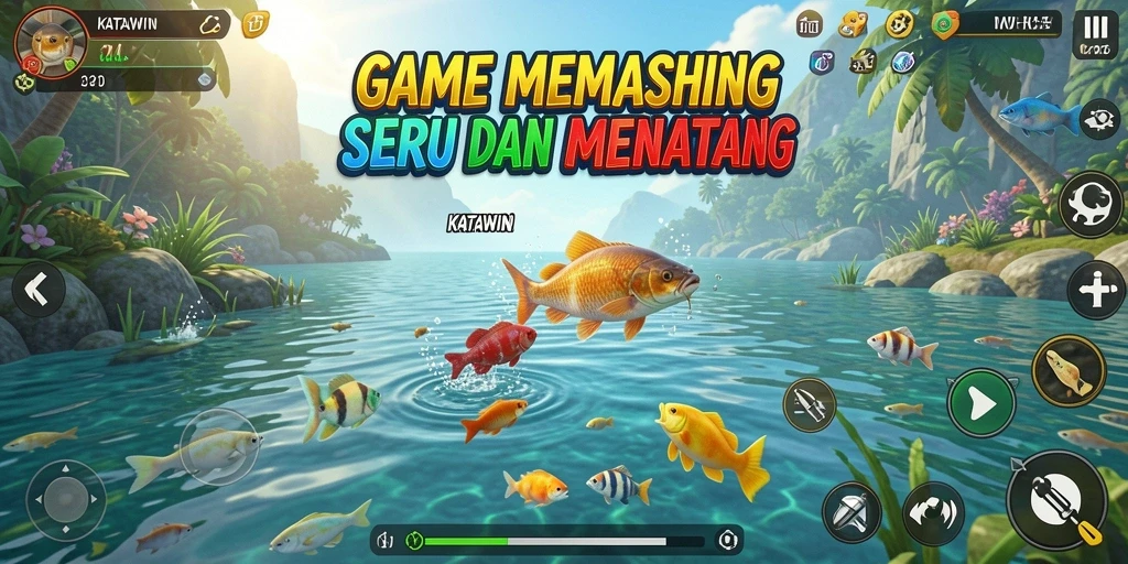 Tampilan gameplay KATAWIN dengan suasana laut yang menakjubkan.
