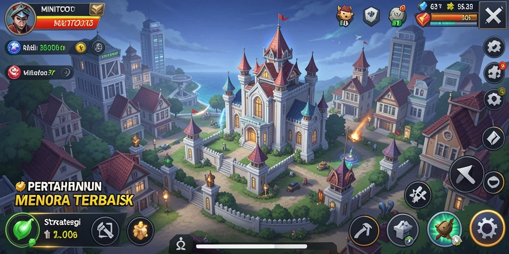 Screenshot MINITOTO menampilkan aksi pertahanan menara yang intens.