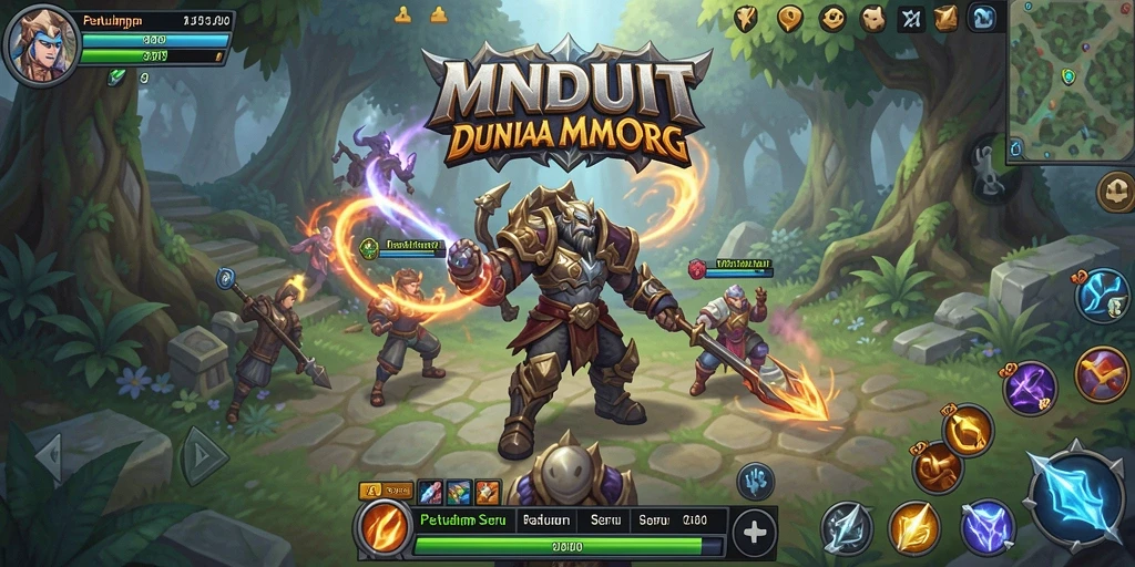 Screenshot gameplay MNDUIT menunjukkan pertempuran epik di dunia fantasi.
