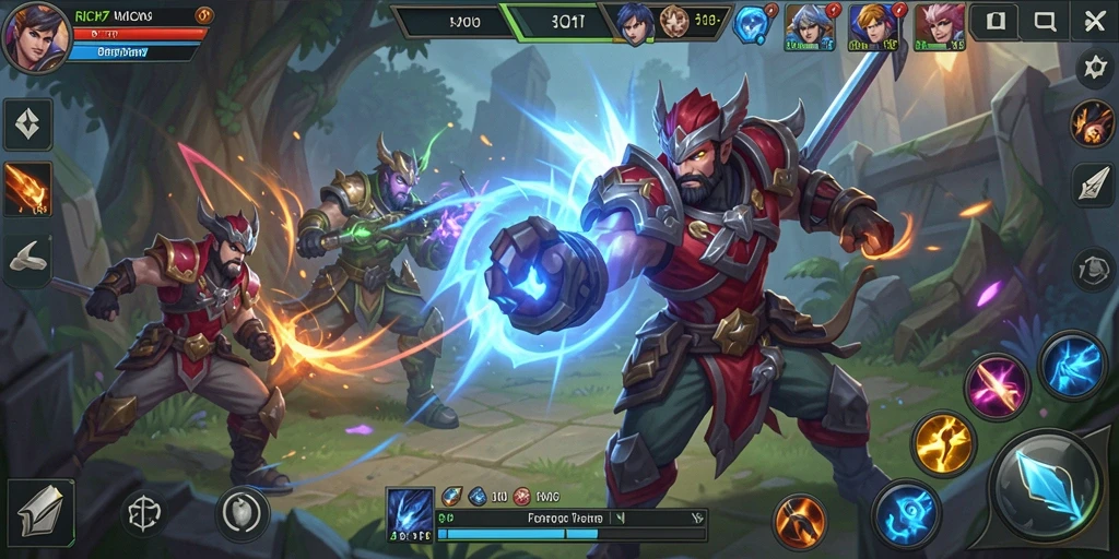 Screenshot RICH7 menampilkan aksi pertarungan MOBA yang seru.